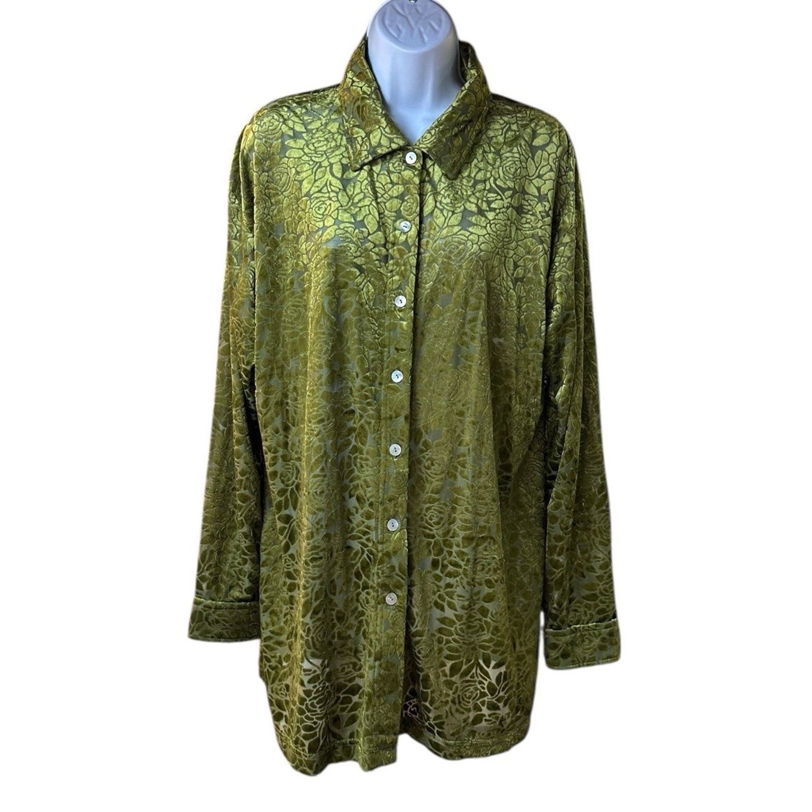 Moda International Burnout Velvet Blouse Olive Green Floral Sheer Boho Y2k Large